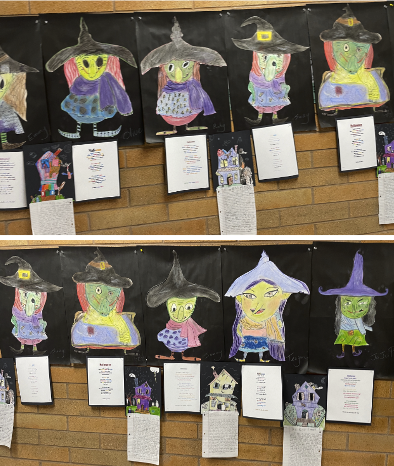 third-grade arts-integrated witch portraits oil pastel